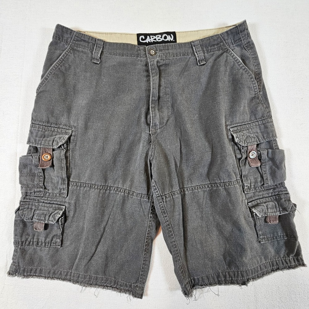 Carbon Cargo Shorts Mens 36 Faded Black Multi Pocket Raw Hem Relaxed Utilitarian